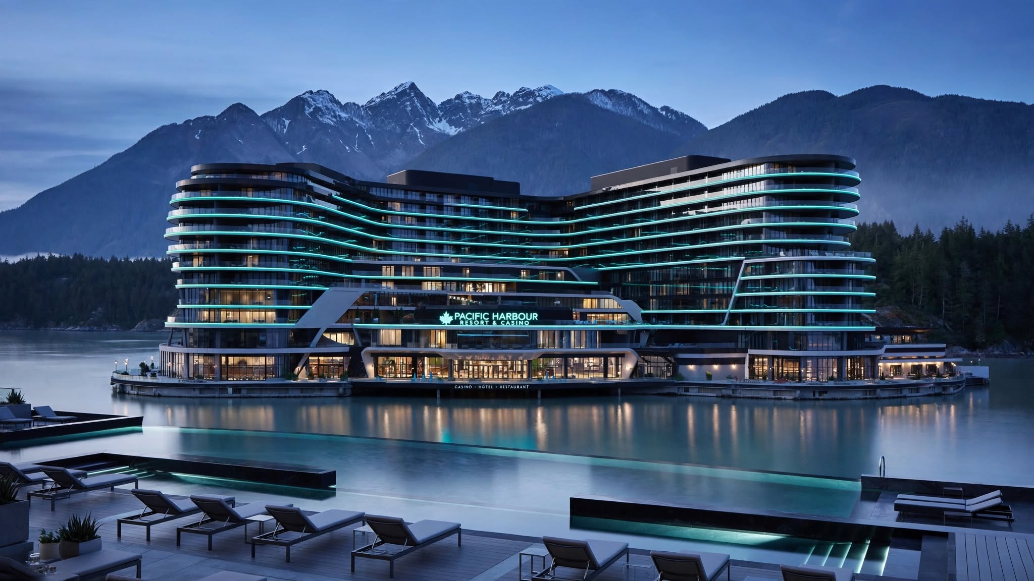Niagara Fallsview Hotel Casino exterior with illuminated glass tower